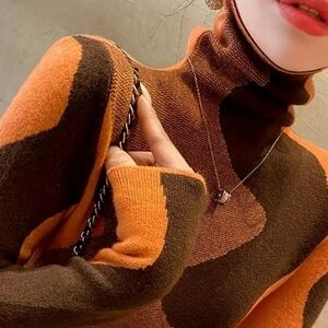Women's Orange and Brown Turtleneck Sweater
